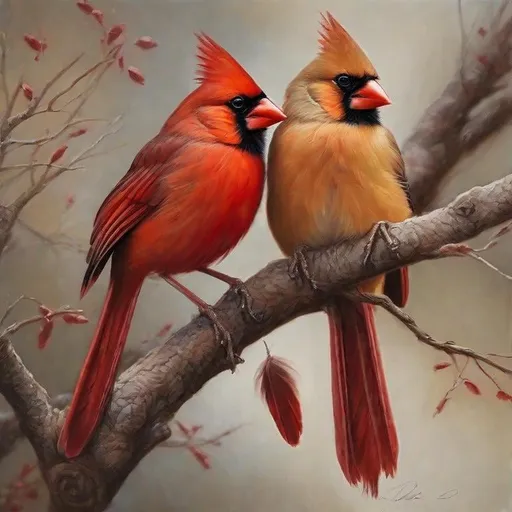 Prompt: Pair of mated Cardinal birds on tree branch, realistic painting, vibrant red feathers, detailed feathers, natural setting, high quality, realistic, traditional art, warm tones, natural lighting