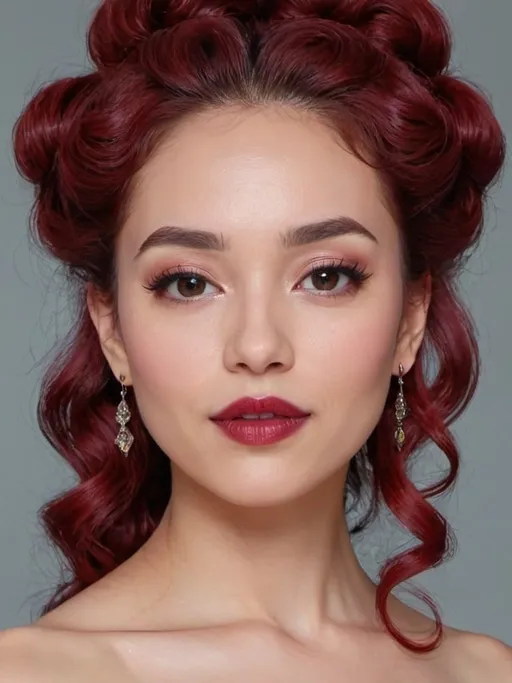 Prompt: <mymodel>A powerful woman with Victorian wine red curly voluminous hair half up half down