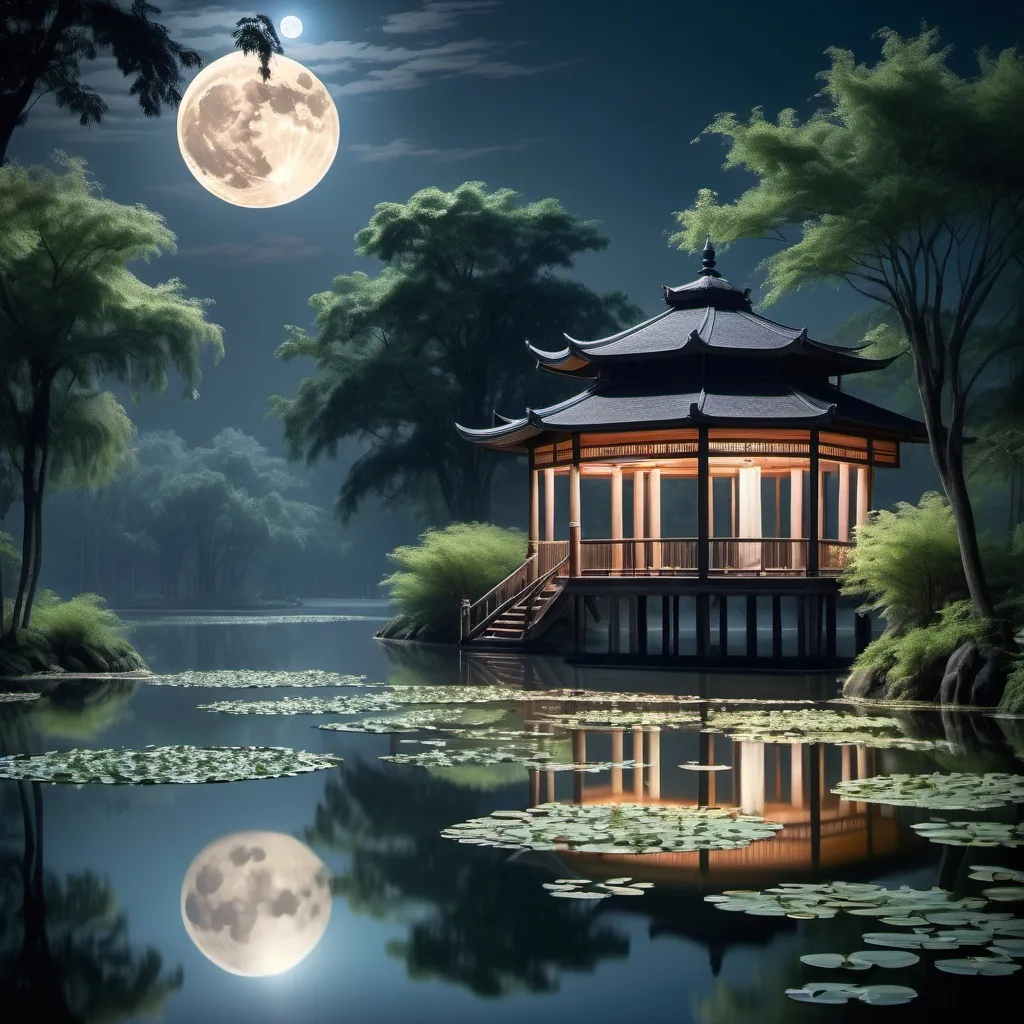 Prompt: Bathed in the ethereal glow of a giant, full moon, a serene landscape unfolds, where two quaint, illuminated pavilions stand at the water's edge, surrounded by tall, lush trees that sway gently in the night breeze. The calm lake reflects the moonlight and the structures, creating a breathtaking mirror image that enhances the tranquility of the scene. Delicate water lilies float lazily on the surface, while the starry sky adds a touch of magic to the atmosphere. Soft, inviting light emanates from the pavilions, hinting at a warm, cozy retreat amidst the enchanting wilderness, leaving a sense of peace and wonder lingering in the air.