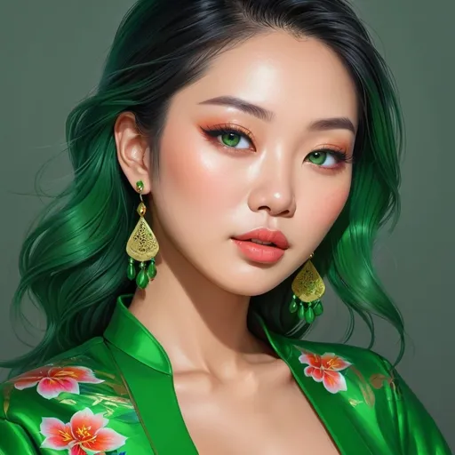 Prompt: <mymodel>Detailed illustration of a asian woman in vibrant green attire, large vivid green eyes, elegant makeup, digital painting, high resolution, realistic style, vibrant green, professional lighting