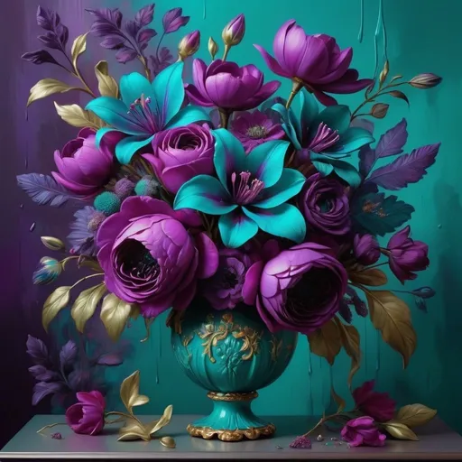 Prompt: <mymodel> purple  and teal beauty, vivid colors, high contrast, detailed floral arrangement, oil painting, vibrant, realistic, 4k, ultra-detailed, surreal, dynamic lighting, luxurious, botanical, rich textures, modern, decorative, elegant composition