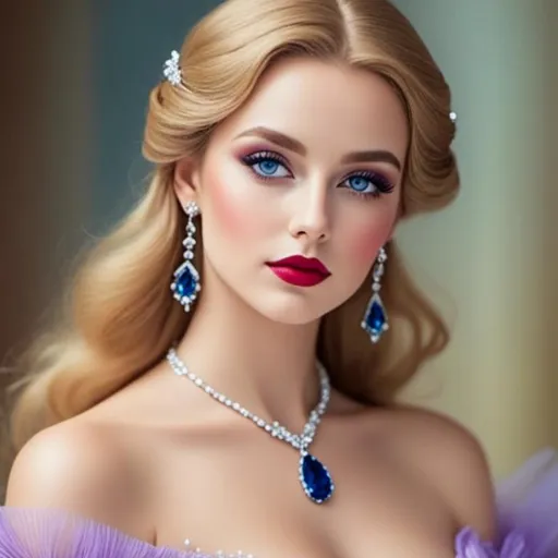 Prompt: <mymodel>Glamorously dressed lady of rhe 1930's wearing sapphire jewelry,blue eyes