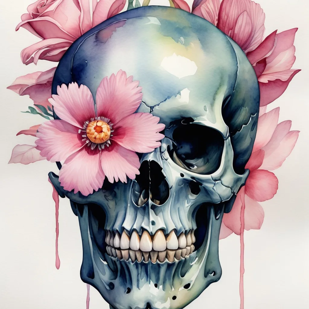 Prompt: a watercolor painting of a skull with a flower in its hair and a pink flower in its mouth, Annabel Eyres, vanitas, skull, a watercolor painting