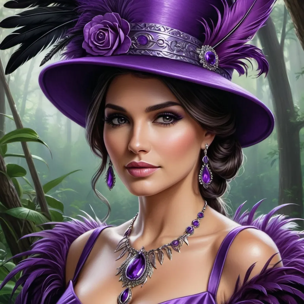 Prompt: a painting of a woman wearing a purple hat with feathers on it's brim and a purple dress, Anne Stokes, fantasy art, highly detailed digital painting, a detailed painting