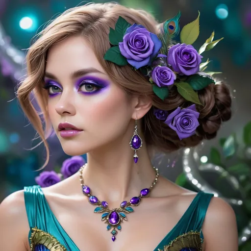 Prompt: <mymodel> peacock fairy goddess, purple roses, facial closeup