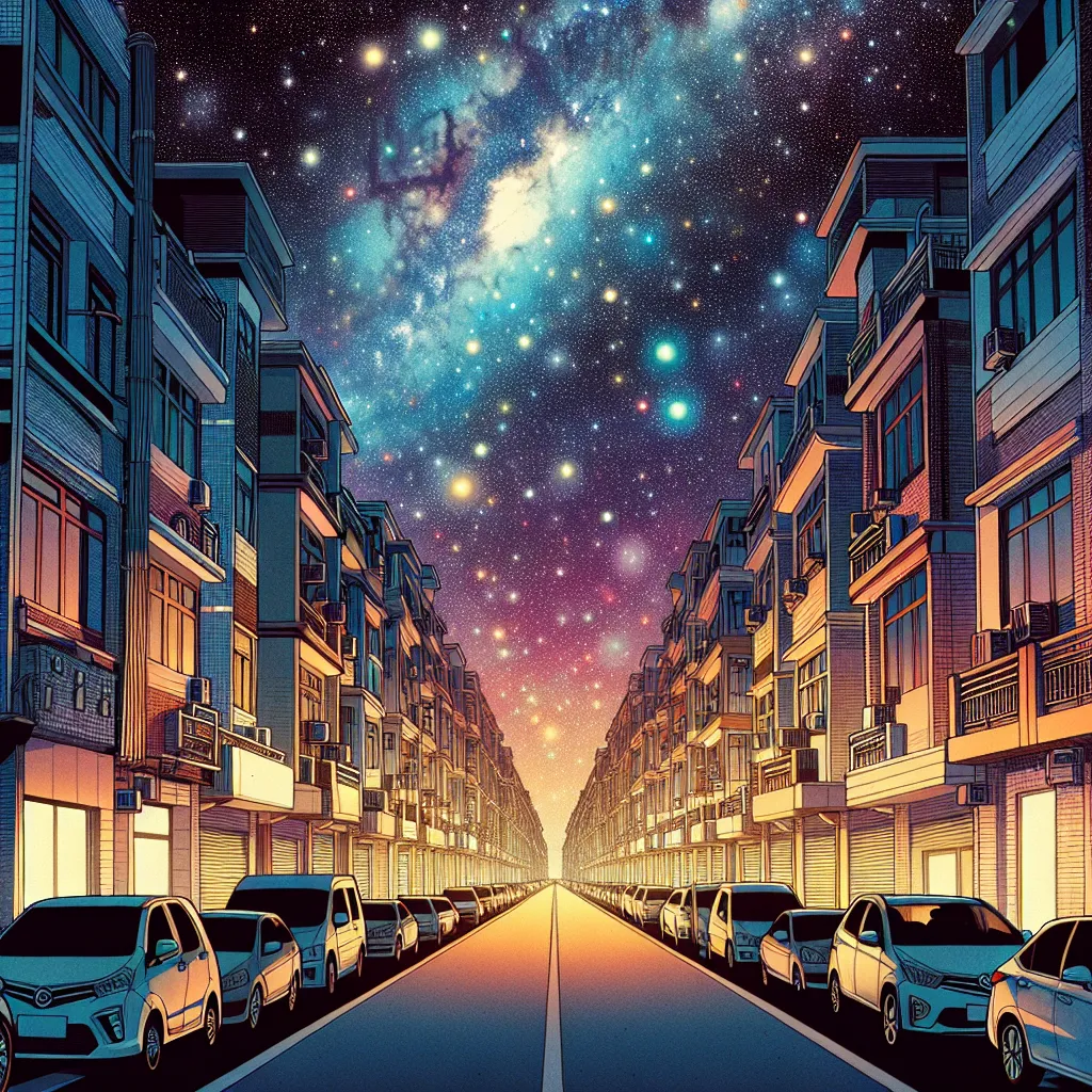 Prompt: a street with cars parked on both sides of it and a sky full of stars above it and buildings, Asaf Hanuka, space art, night sky, a comic book panel