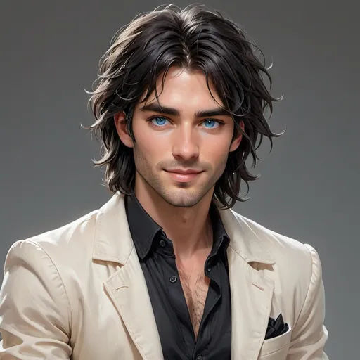 Prompt: With flowing, tousled dark black locks cascading around his face, the character exudes an effortlessly striking presence. His piercing blue eyes draw in the viewer, conveying a mix of confidence and intrigue, while a subtle hint of a smile plays upon his lips, suggesting a lively personality. Dressed in a casual, light-colored jacket over a dark shirt, his style reflects a modern, youthful aesthetic. The warm, soft lighting of the indoor setting enhances the rich colors of his hair and eyes, creating a welcoming, intimate atmosphere that invites curiosity about his story. This captivating portrait radiates a sense of charm and mystery, leaving an impression of someone adventurous and full of life.