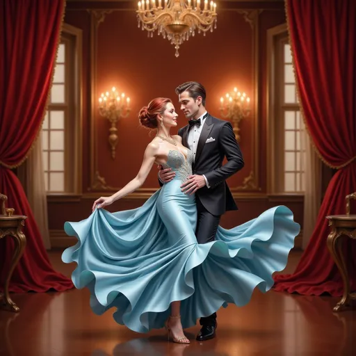 Prompt: In a gracefully lit ballroom, a couple embodies the elegance of a classic dance, surrounded by a luxurious wooden interior adorned with rich drapery. The woman, in a flowing sky-blue gown, twirls delicately, her short hair framing her face, exuding a joyful yet romantic expression. Opposite her, the man is poised in a sleek black tuxedo, a charming smile accentuating the connection they share as he gently holds her waist. The warm lighting highlights their intimate poses and creates a soft atmosphere, reminiscent of a timeless romantic moment captured between glances and graceful movements, evoking a sense of nostalgia and elegance in the air.