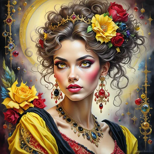 Prompt: <mymodel> beautiful woman, hair pinned up, yellow red black dress, earrings, Watercolor, trending on artstation, sharp focus, studio photo, intricate details, highly detailed, by  Josephine Wall and Jasmine Becket-Griffith