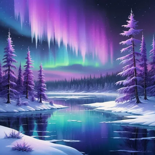 Prompt: Vivid, icy landscape, frozen lake, snow-covered pine trees, northern lights dancing in the sky, high definition, digital painting, surreal, chilly blue and purple tones, ethereal lighting, detailed snowflakes, majestic, serene, surreal, cold, winter wonderland, arctic, vibrant aurora borealis, crisp, atmospheric lighting