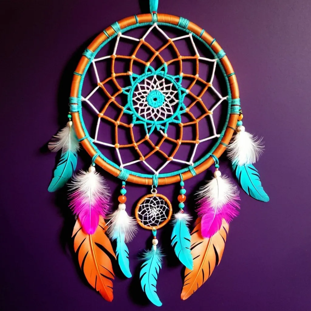 Prompt: An intricate  and elaborate dreamcatcher with feathers in colors of magenta,turquoise and orange