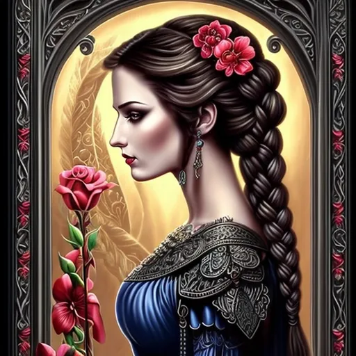 Prompt: a woman with a braid and flowers, Anne Stokes, gothic art, highly detailed digital painting, an airbrush painting