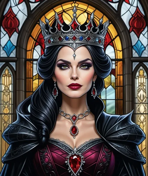 Prompt: an evil queen with a crown on her head in front of a stained glass window photo by alex klos, Anne Stokes, gothic art, highly detailed digital painting, a detailed drawing