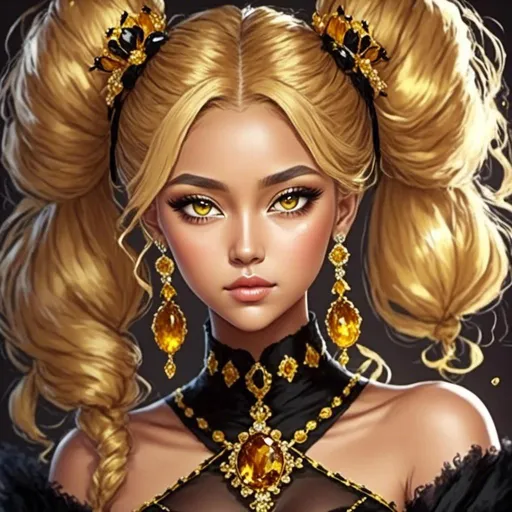 Prompt: <mymodel>Queen bee-A beautiful woman with golden hair arrainged in a top knot behind a gold tiara. Amber colored eyes, gown in colors of yellow and black, facial closeup