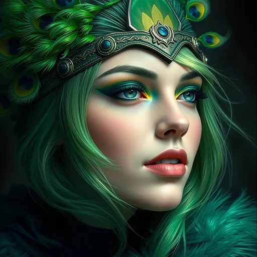 Prompt: a woman with green hair and a peacock costume on her head and a green feather on her head and a green eyeliner, Anna Dittmann, fantasy art, highly detailed digital painting, a photorealistic painting