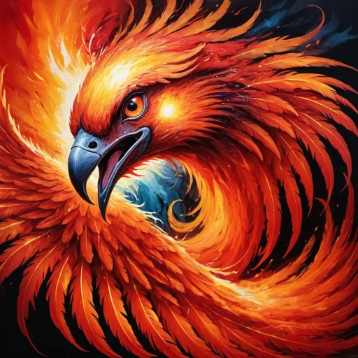 Prompt: Vibrant, high-contrast painting of a fiery phoenix, bold red and orange hues, dynamic and fierce energy, swirling flames and feathers, 4k, ultra-detailed, abstract, intense red, dramatic lighting, passionate