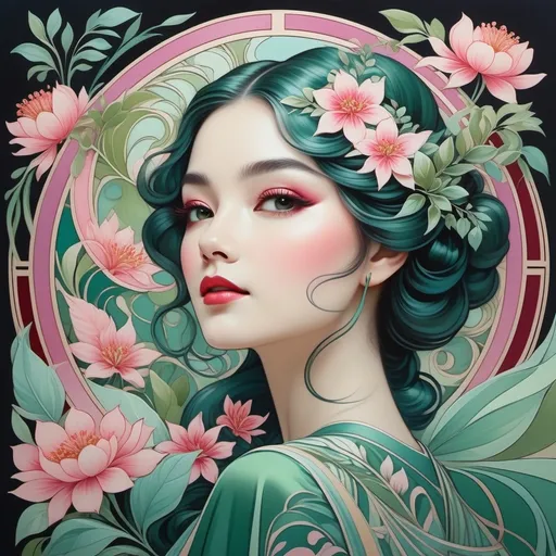 Prompt: An ethereal woman stands poised at the center of this vibrant, stylized illustration, her delicate features framed by cascading, wavy hair adorned with two pink flowers. She wears a beautifully designed dress that combines rich greens and intricate patterns, accentuated with a prominent red sash that cinches her waist. Surrounding her are swirling floral motifs and elegant leaves, rendered in a harmonious palette of blues, greens, and pinks, evoking a sense of tranquility. The composition flows gracefully, with the circular backdrop enhancing her presence and drawing the eye toward her serene expression. Overall, the image radiates a whimsical yet graceful charm, reminiscent of classic Art Nouveau aesthetics.