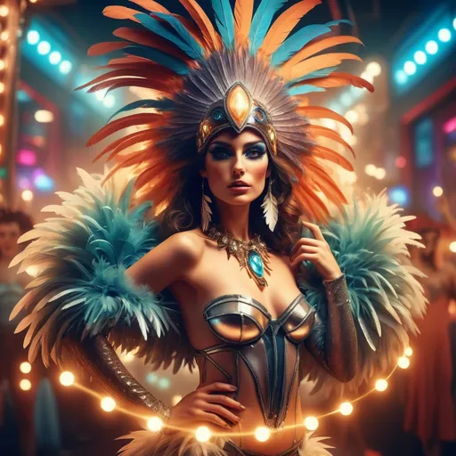 Prompt: a woman in a costume with feathers on her head, surrounded by lights and lights, is posing for a picture, David LaChapelle, fantasy art, behance hd, a 3D render