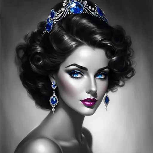 Prompt: <mymodel>a Sapphire lady, feminine elegant princess ,  dark hair, large blue eyes, wearing jewls in her hair,  beautiful makeup, blue eyeshadow, dark pink lipstick, facial closeup