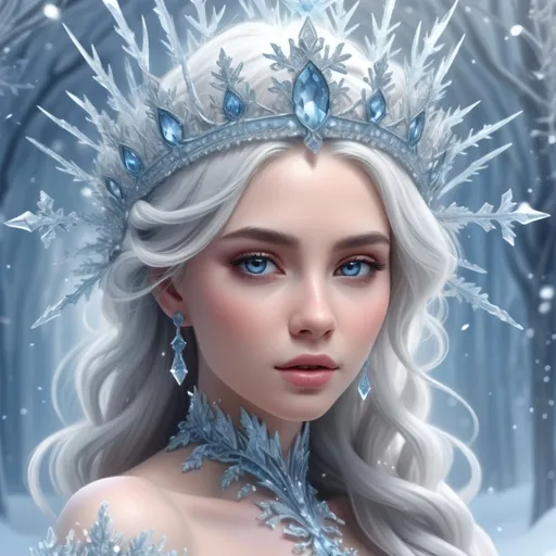 Prompt: (ice queen), ethereal beauty, glistening ice crystals, flowing icy gown, detailed ornate crown, frosty blue and silver tones, sparkling snowflakes in the air, majestic winter landscape, enchanting atmosphere, bright white light contrasts with cool shades, high detail, ultra-detailed, 4K quality, captivating and magical ambiance.