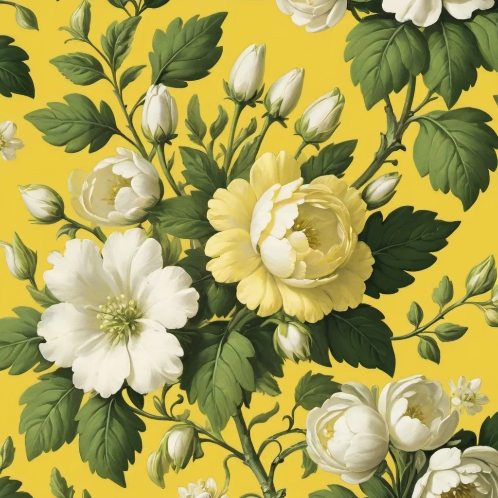 Prompt: a yellow background with white flowers and green leaves on it, with a yellow background with white flowers and green leaves on it, Annabel Kidston, rococo, book cover, a flemish Baroque