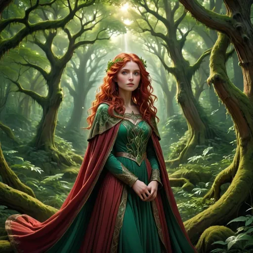 Prompt: Bathed in ethereal light, a striking figure stands amidst an enchanting forest, where ancient trees reach towards a canopy dappled with soft rays. Clad in a vibrant green gown adorned with intricate designs, she is draped in a rich crimson cloak that frames her regal presence. Her flowing red hair cascades in soft curls, contrasting against the lush greenery and the muted browns of the surroundings. With a serene yet confident expression, she holds her hands together in front of her, as if guarding a deep secret or a powerful magic that resonates with the very essence of the forest. The scene is infused with a sense of mystery and adventure, inviting the viewer to step into a world where nature and magic intertwine.