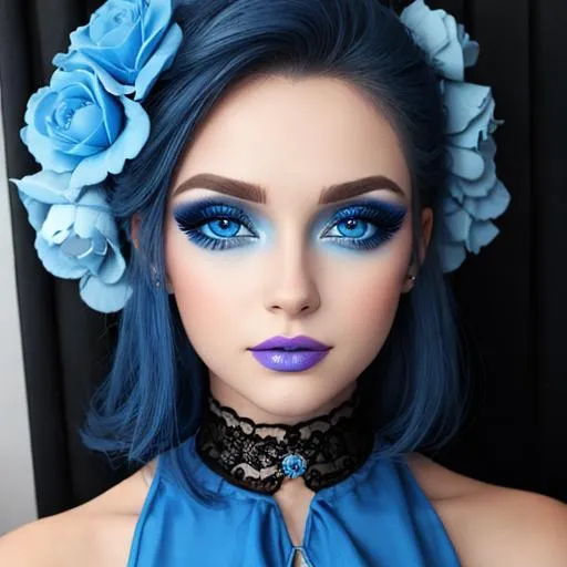 Prompt: A woman all in blue, blue eyes, pretty makeup