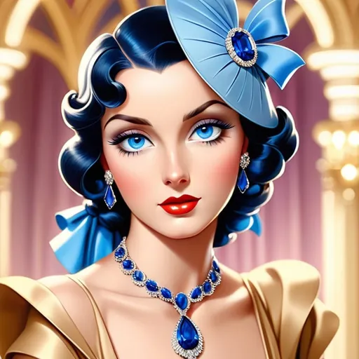 Prompt: Glamorously dressed lady of rhe 1930's wearing sapphire jewelry,blue eyes