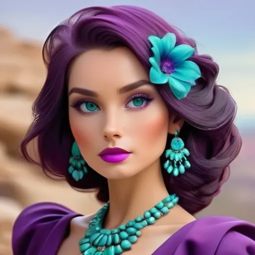 Prompt: Elegant lady in colors of purple and turquoise