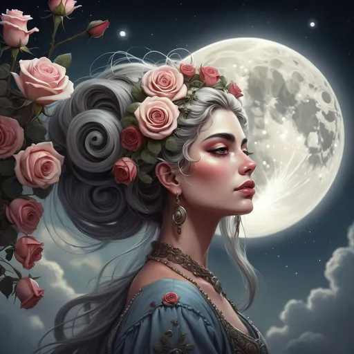 Prompt: a painting of a woman with flowers in her hair and a moon in the background with roses in her hair, Edwin Georgi, fantasy art, highly detailed digital painting, a detailed painting