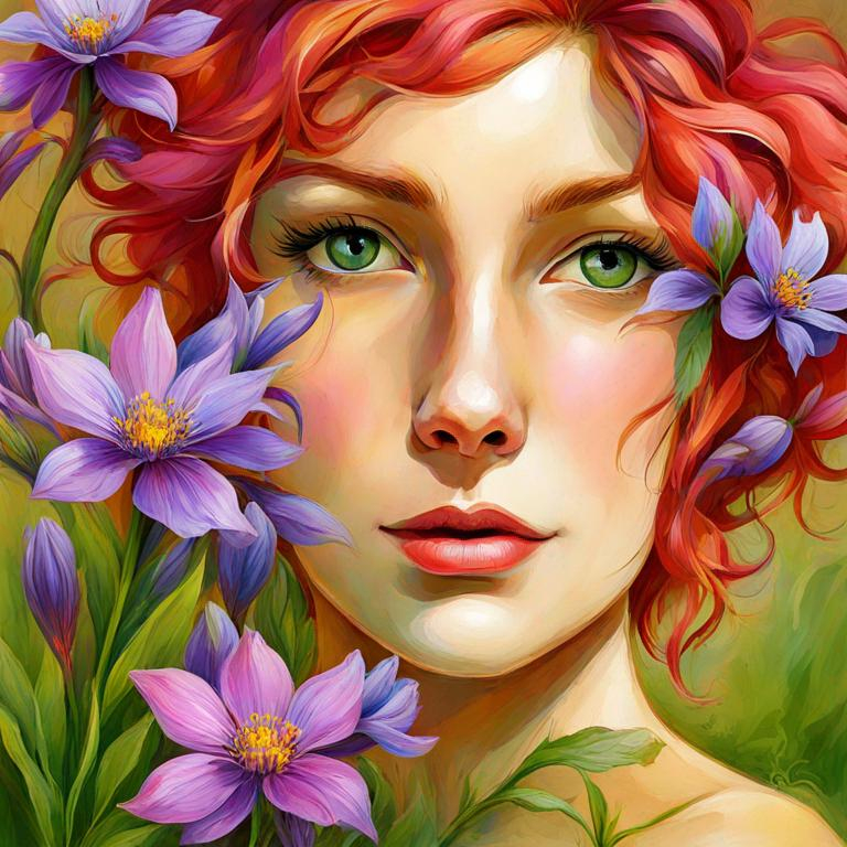 Prompt: a fairy of spring, ,wildflowers, vivid colors,  facial closeup