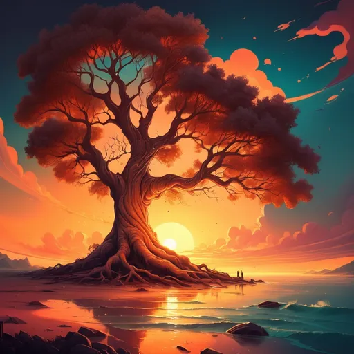 Prompt: a painting of a tree standing under a sunset.  Cyril Rolando, fantasy art, highly detailed digital painting, a detailed painting