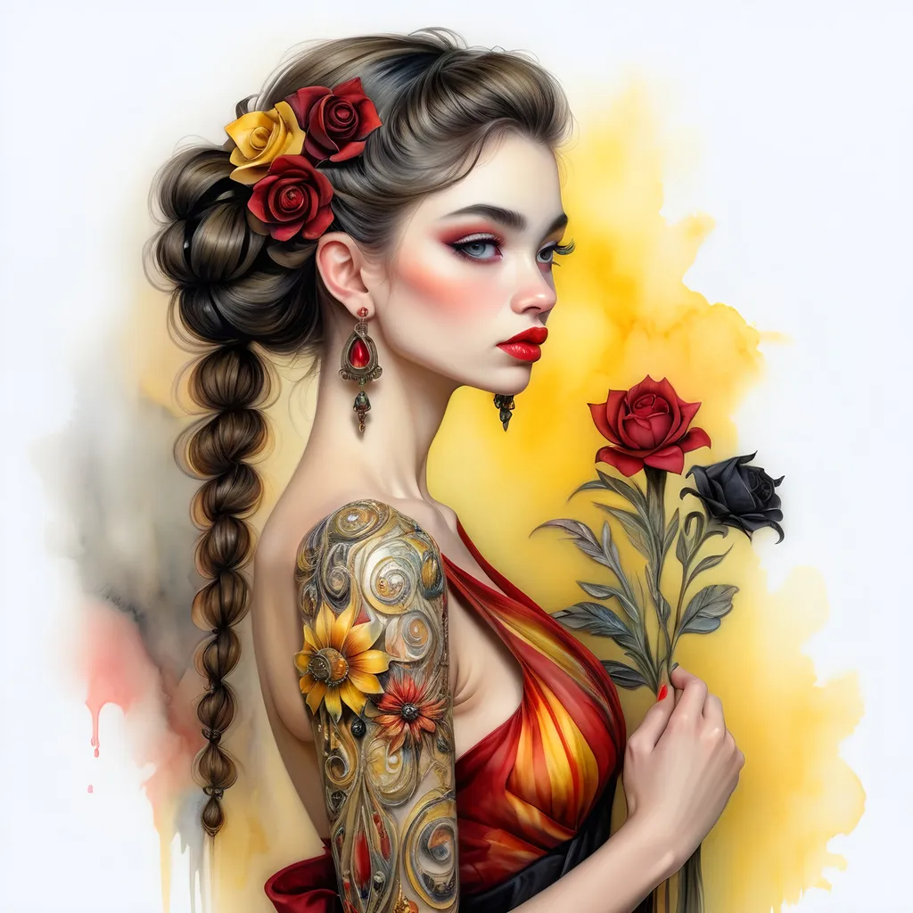 Prompt: <mymodel> beautiful woman, hair pinned up, yellow red black dress, earrings, Watercolor, trending on artstation, sharp focus, studio photo, intricate details, highly detailed, by  Josephine Wall and Jasmine Becket-Griffith