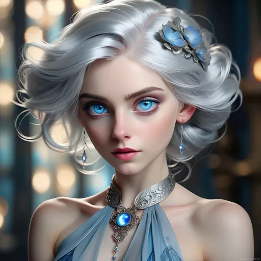 Prompt: Pale woman with silver hair, mystic blue eyes, pretty makeup, high quality, detailed portrait, realistic, cool tones, ethereal lighting
