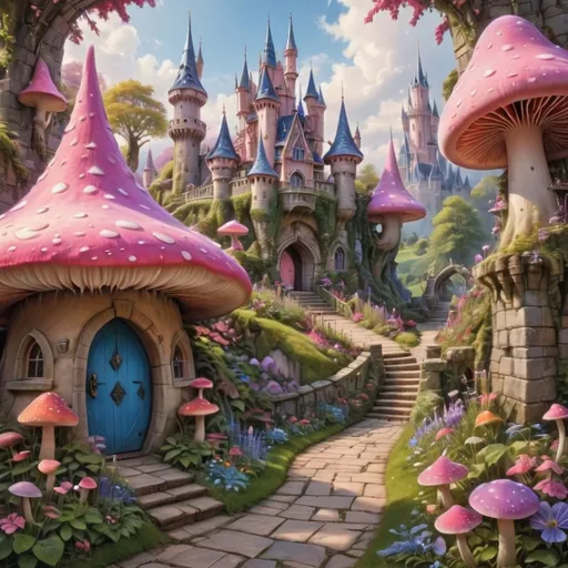 Prompt: A whimsical, fairy-tale castle stands majestically in the background, its vibrant pink towers adorned with blue spires reaching towards a bright blue sky dotted with fluffy white clouds. The lush garden surrounding the castle is a riot of color, featuring oversized pink mushroom-like trees and blooming flowers in shades of purple and pink, meticulously arranged along a winding stone pathway that beckons visitors to explore. The sunlight bathes the scene in a warm glow, enhancing the playful and enchanting atmosphere, inviting a sense of wonder and magic. The gentle undulations of the landscape lead the eye from the foreground to the castle, creating a vivid narrative of a fantastical realm where dreams come to life. This picturesque view captures the essence of a charming, idealized world, brimming with charm and imagination.