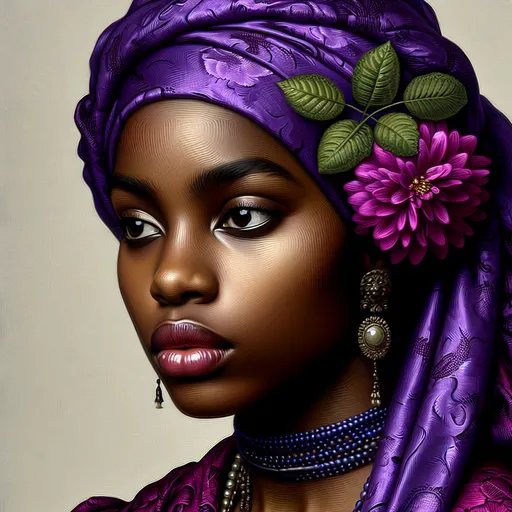 Prompt: <mymodel> a black woman with a purple headdress and a flower in her hair  Artgerm, figurative art, highly detailed digital painting, a photorealistic painting