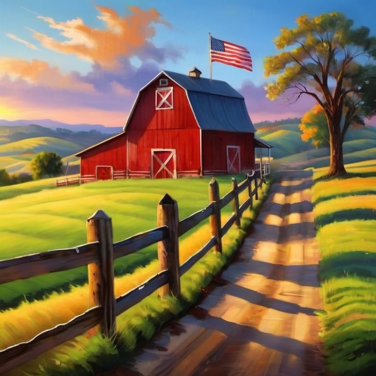 Prompt: Beautiful colorful  painting. Beautiful sunrise in a rural area, with American flags, and rolling hills.