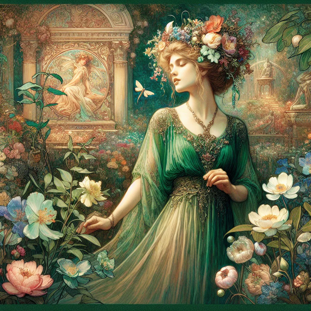 Prompt: a woman  flowers in her hair and a green dress  Charlie Bowater, fantasy art, trending on art station, a detailed painting