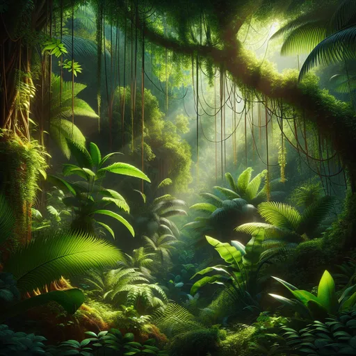 Prompt: (lush foliage), rich green leaves, cascading vines, vibrant jungle scene, moisture in the air, sunlight filtering through canopy, tranquil ambiance, diverse plant life, vibrant textures, intricate details of leaves, high quality, ultra-detailed, natural beauty, serene environment, inviting atmosphere