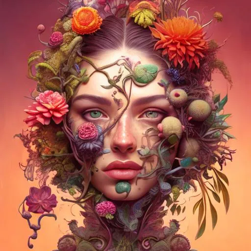Prompt: Woman with plants and flowers growing from her face, surreal painting, vibrant colors, detailed floral patterns, high quality, surrealism, vibrant colors, detailed plants, surrealistic, detailed facial features, professional, surreal lighting