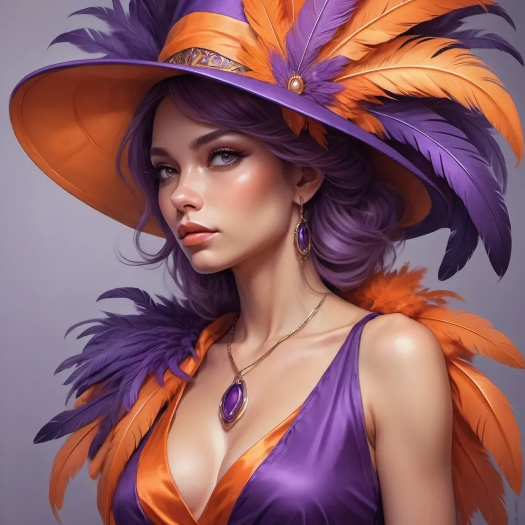 Prompt: a woman wearing a purple hat with orange feathers on it's head and a purple dress with orange and purple feathers on it, Artgerm, fantasy art, highly detailed digital painting, a detailed painting