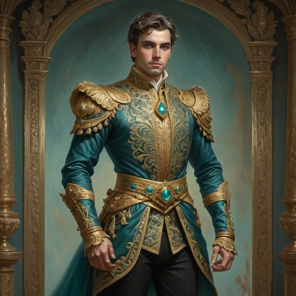 Prompt: Teal and gold man, oil painting, regal and powerful stance, intricate gold detailing, intense and confident expression, luxurious and royal attire, high quality, oil painting, regal, powerful, teal and gold tones, intricate details, intense expression, luxurious attire, professional lighting