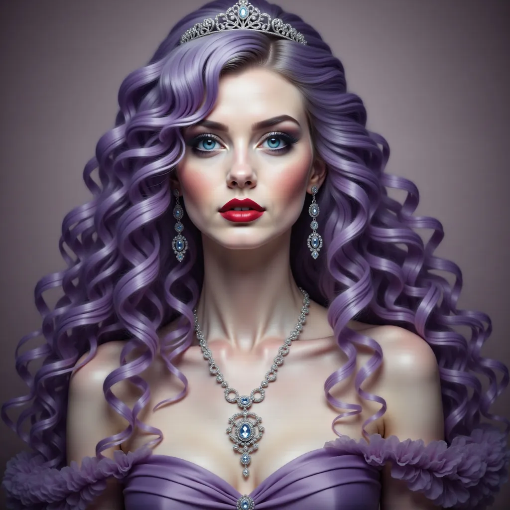 Prompt: a woman with purple hair wearing a tiara and a purple dress with a diamond necklace and earrings on, Anne Stokes, gothic art, highly detailed digital painting, a detailed painting