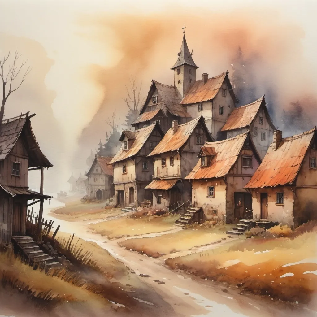 Prompt: watercolor, small village, foggy, rustic, dramatic fantasy settlement scene, warm tones