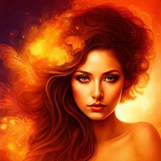 Prompt: fairy goddess, warm colors, fiery background, closeup