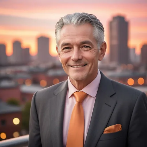 Prompt: (attractive man in his 60's with gray hair), warm and engaging expression, dressed in a tailored suit, subtle smile, background of a trendy cityscape, softly blurred for depth, vibrant sunset lighting casting warm orange and pink hues, highlighting his features, overall ambiance is sophisticated and timeless, ultra-detailed, high-quality image