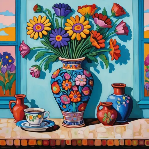 Prompt: a painting of a vase with flowers in it on a wall above a table with a vase of flowers, Elizabeth Murray, folk art, colorful flat surreal design, a pop art painting