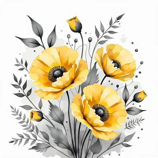 Prompt: This is a digital illustration of a floral bouquet featuring vibrant yellow poppies, with three fully bloomed flowers and two unopened buds. The poppies are rendered in bright, saturated yellow, with detailed petals and dark gray centers, creating a striking contrast. Surrounding the poppies are various monochromatic foliage elements, including fern-like leaves, broad leaves, and small sprigs, all in shades of gray. The background is a plain, light gray, which helps the yellow flowers stand out prominently. The illustration style is realistic with a slight touch of whimsy, achieved through careful attention to detail and texture. The petals of the poppies are smooth and slightly translucent, while the leaves have visible veins and a more textured appearance. The unopened buds are depicted in a dark gray, adding depth to the composition. The overall composition is balanced, with the yellow flowers positioned slightly to the left and the gray foliage filling the right and background areas. The use of color and monochrome elements creates a visually appealing contrast, making the yellow poppies the focal point of the illustration.