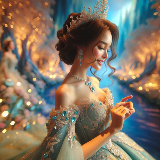 Prompt: Turquoise adorned princess, (elegant and regal) gown, shimmering (turquoise accents), intricate (gemstone embroideries), radiant tiara, gentle smile, flowing hair, (whimsical background) featuring enchanted forest, soft golden glowing lights, serene ambiance, (highly detailed) 4K resolution, (captivating color tones) harmonizing blues and greens, enchanting atmosphere, low angle perspective for grandeur.