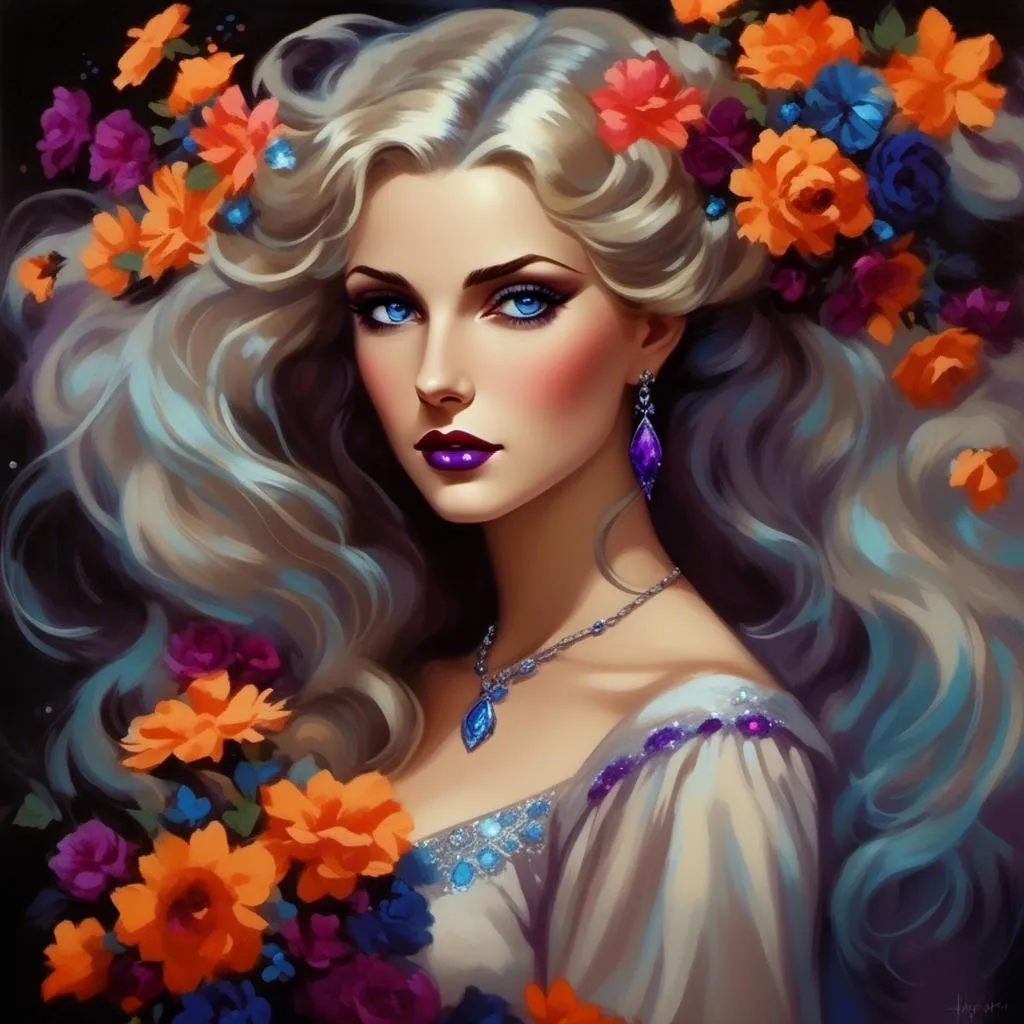 Prompt: <mymodel>Beautiful ethereal woman, long blonde hair,and icy blue eyes color, purple lipstick, facial closeup